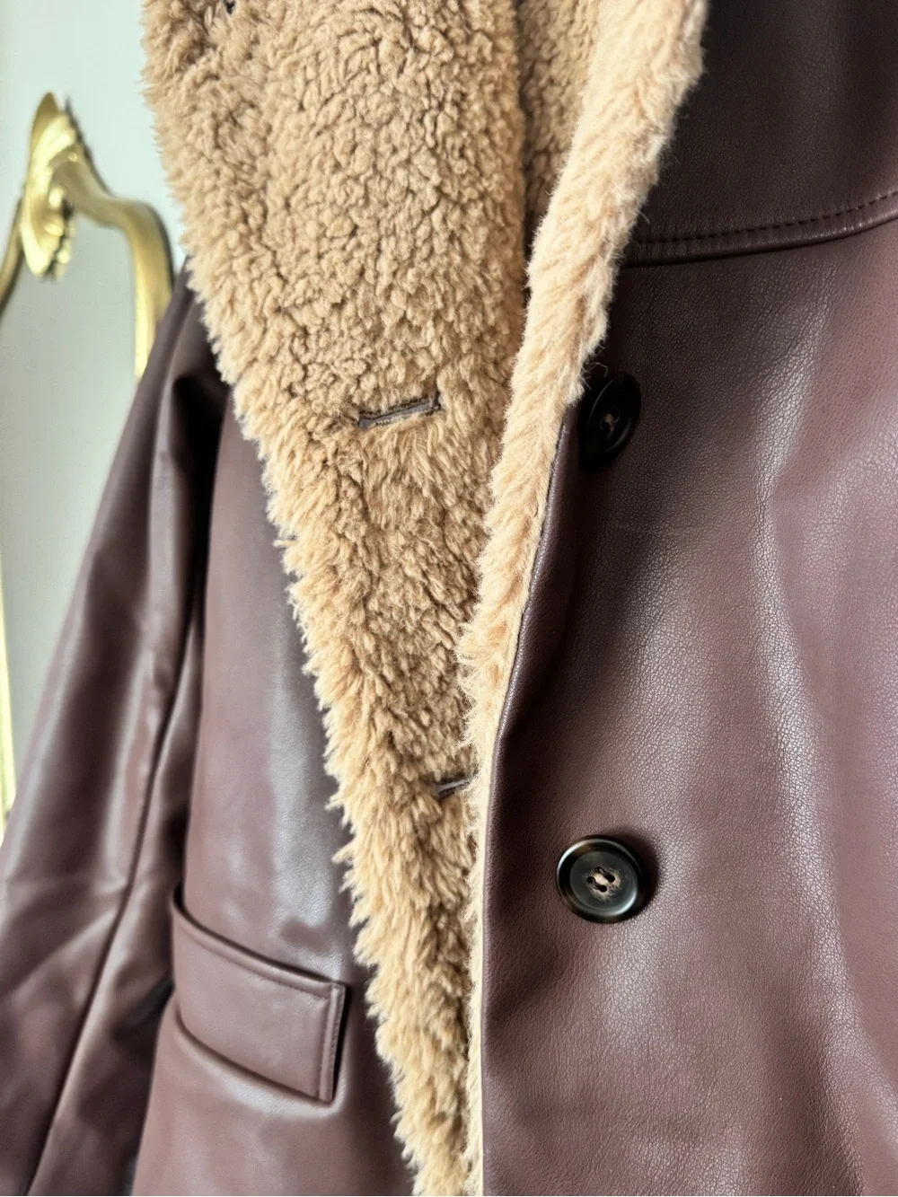 Brown Faux Leather Shearling Jacket with Tan Lining - Women